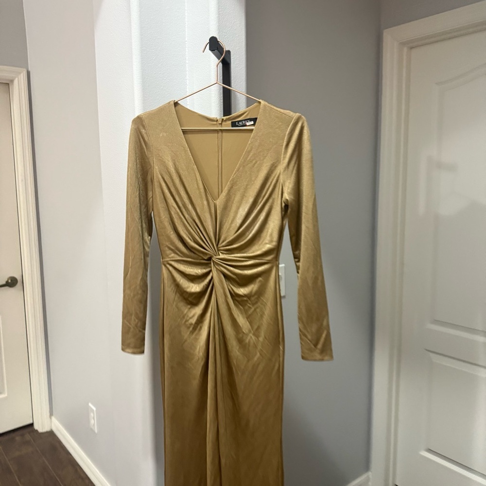 Lauren Ralph Lauren Size 2 Twist Front Jersey Maxi Shift Dress Gold Long Sleeves - Picture 3 of 11